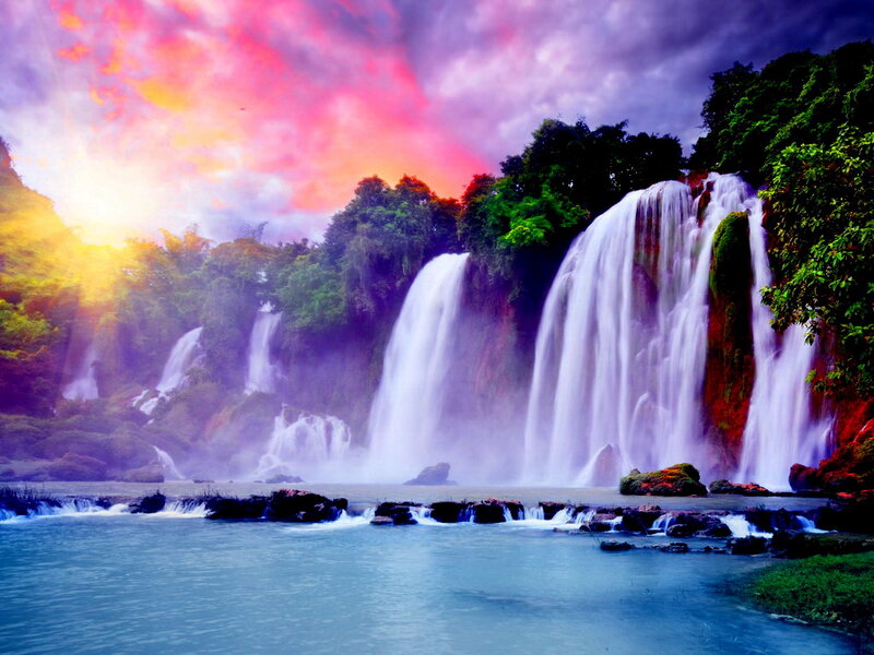 Waterfall in Forest — Blue, Dramatic, Sunset, Photograph