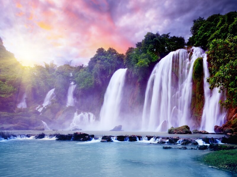 Waterfall in Forest — Blue, Dramatic, Sunset, Photograph, Trees, River