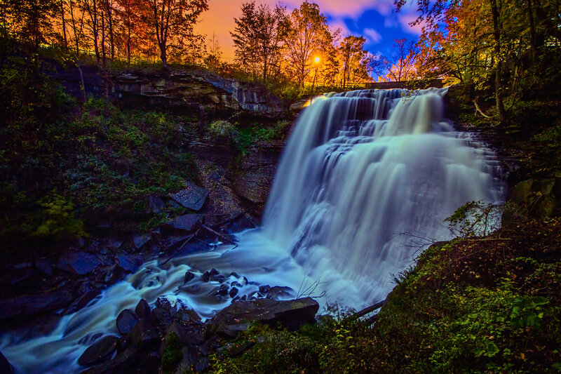 Waterfall in Forest — Blue, Dramatic, Sunset, Photograph, Trees, Rocks