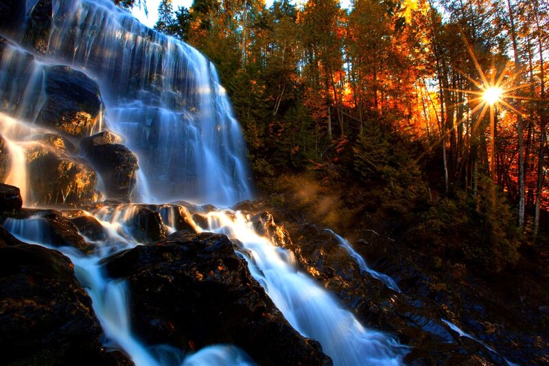 Waterfall in Forest — Blue, Dramatic, Sunset, Photograph, Trees, Sun