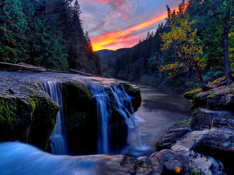 Waterfall in Forest — Blue, Dramatic, Sunset, Photograph, Trees