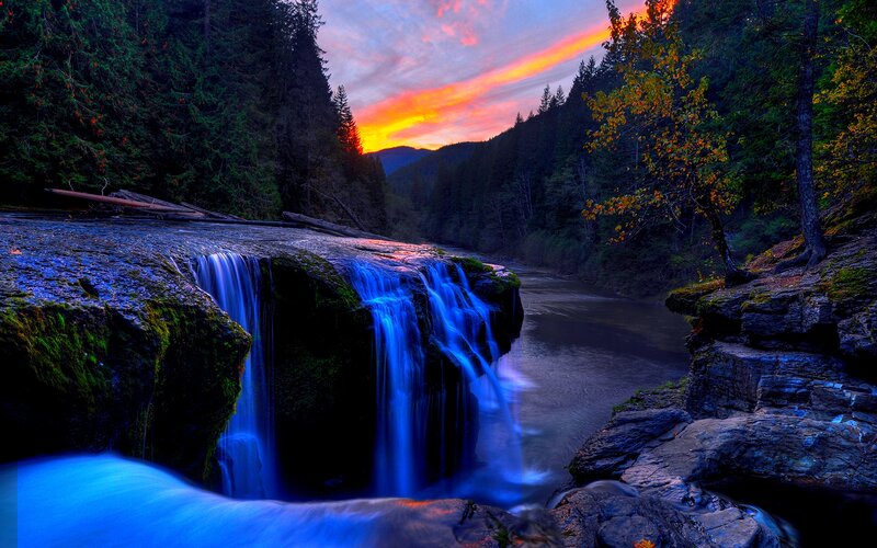 Waterfall in Forest — Blue, Dramatic, Sunset