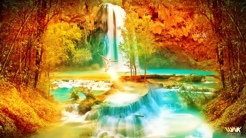 Waterfall in Forest — Blue, Serene, Afternoon, Digital Art