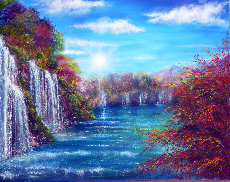 Waterfall in Forest — Blue, Serene, Afternoon, Painting
