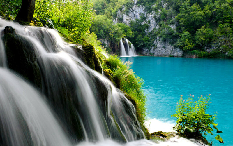 Waterfall in Forest — Blue, Serene, Afternoon, Photograph, Lake, Trees, Rocks