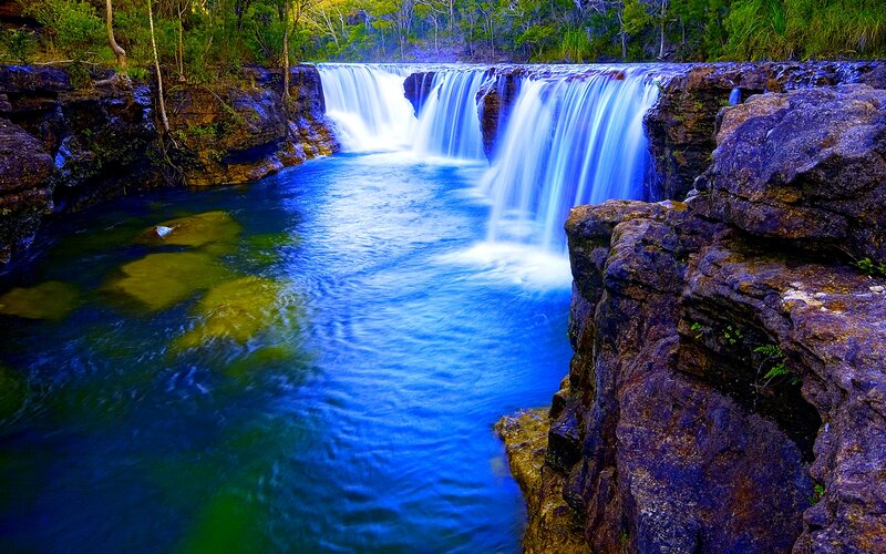 Waterfall in Forest — Blue, Serene, Afternoon, Photograph, River