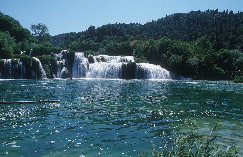 Waterfall in Forest — Blue, Serene, Afternoon, Photograph, River, Trees, Hills