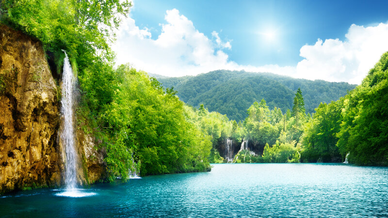 Waterfall in Forest — Blue, Serene, Afternoon, Photograph, River, Trees