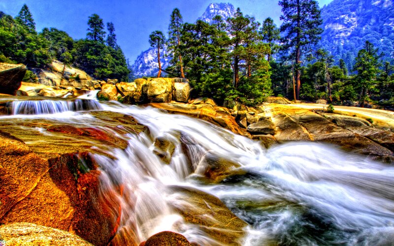 Waterfall in Forest — Blue, Serene, Afternoon, Photograph