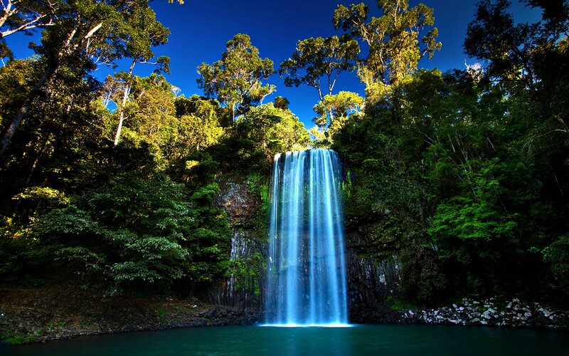 Waterfall in Forest — Blue, Serene, Afternoon, Photograph, Trees, Pool