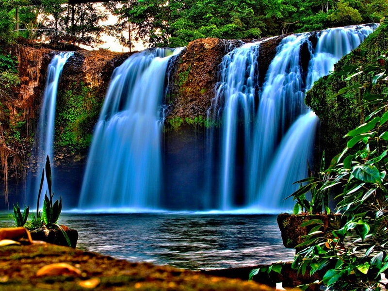 Waterfall in Forest — Blue, Serene, Afternoon, Photograph, Trees, River