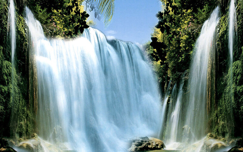 Waterfall in Forest — Blue, Serene, Afternoon, Photograph, Trees, Rocks, Sky, Green