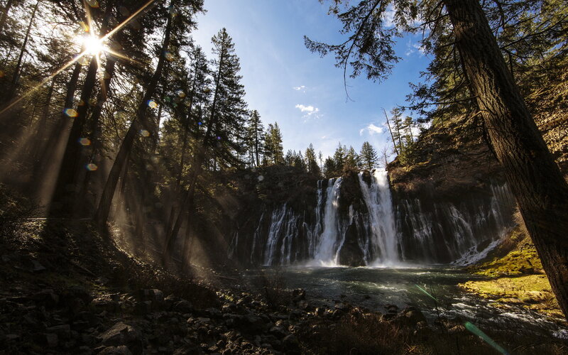 Waterfall in Forest — Blue, Serene, Afternoon, Photograph, Trees, Sunlight