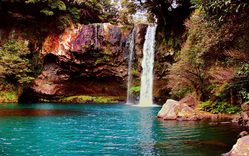 Waterfall in Forest — Blue, Serene, Afternoon