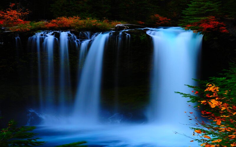 Waterfall in Forest — Blue, Serene, Autumn, Photograph, Trees, Autumn Leaves