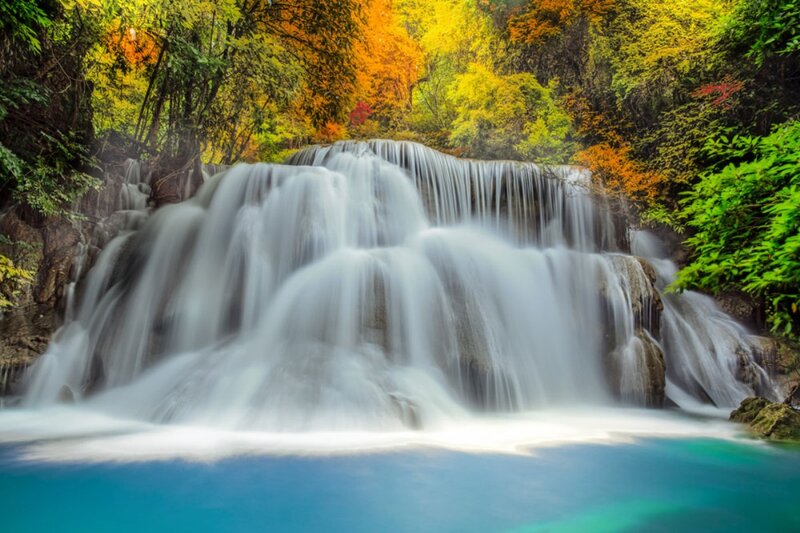 Waterfall in Forest — Blue, Serene, Autumn, Photograph, Trees, Pool