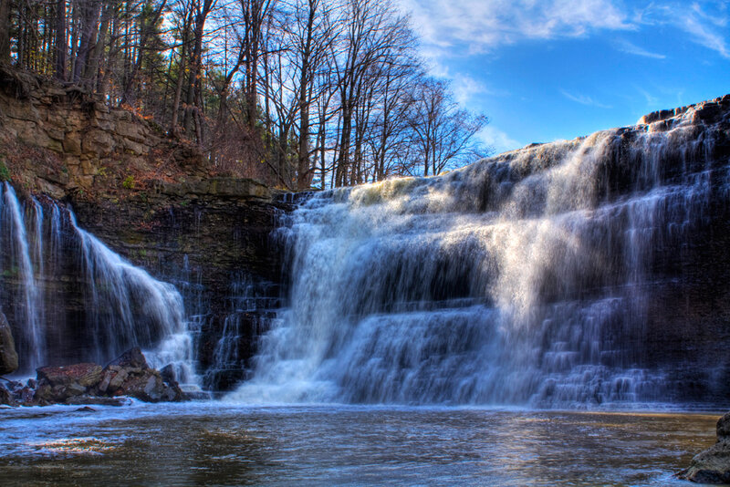 Waterfall in Forest — Blue, Serene, Autumn, Photograph, Trees, River