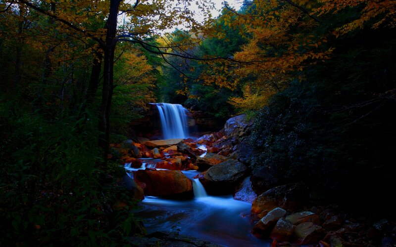 Waterfall in Forest — Blue, Serene, Autumn, Photograph, Trees