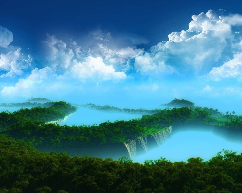 Waterfall in Forest — Blue, Serene, Digital Art, Clouds, Mist