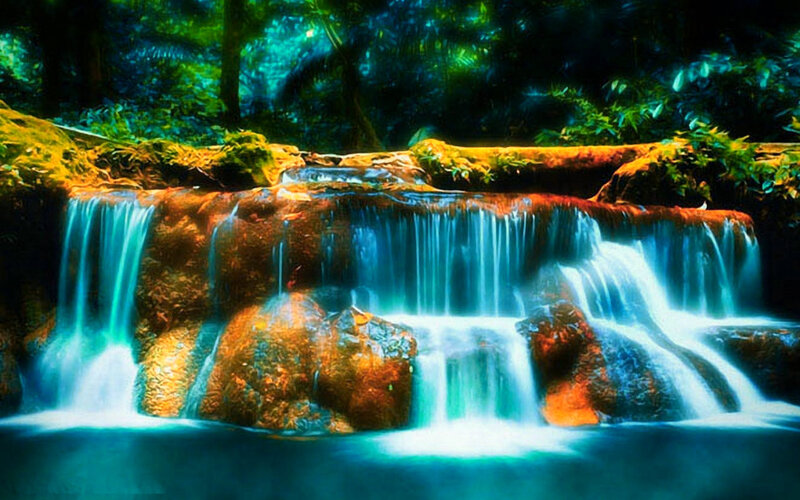 Waterfall in Forest — Blue, Serene, Digital Art, Rocks, Stream