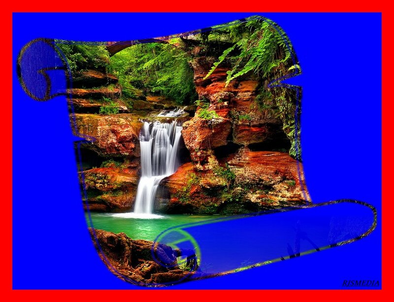 Waterfall in Forest — Blue, Serene, Digital Art, Rocks