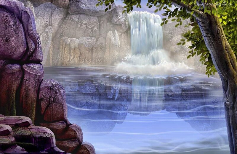 Waterfall in Forest — Blue, Serene, Digital Art