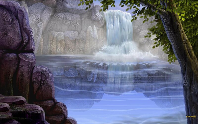 Waterfall in Forest — Blue, Serene, Digital Art, Trees