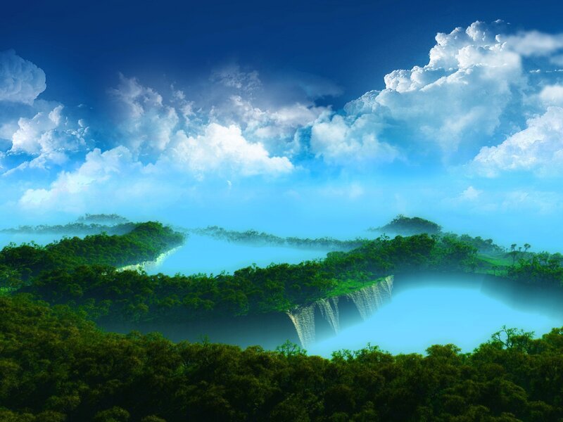 Waterfall in Forest — Blue, Serene, Morning, Digital Art