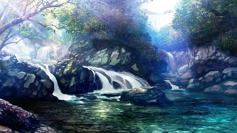 Waterfall in Forest — Blue, Serene, Morning, Digital Art, Trees, Rocks, River