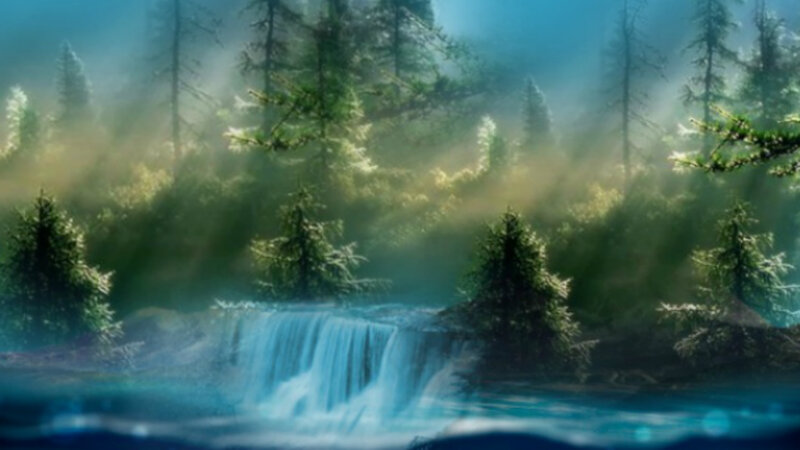 Waterfall in Forest — Blue, Serene, Morning, Digital Art, Trees