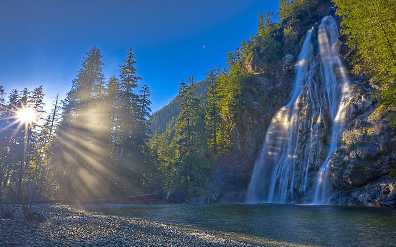 Waterfall in Forest — Blue, Serene, Morning, Photograph