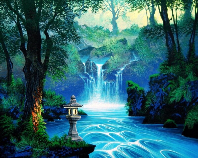 Waterfall in Forest — Blue, Serene, Night, Digital Art, Lantern