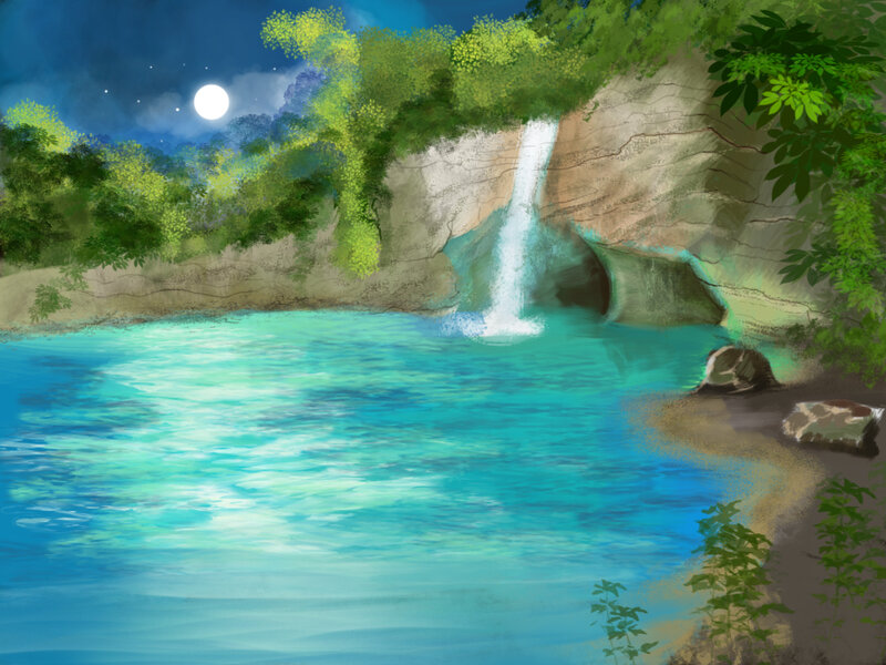 Waterfall in Forest — Blue, Serene, Night, Digital Art, Moon