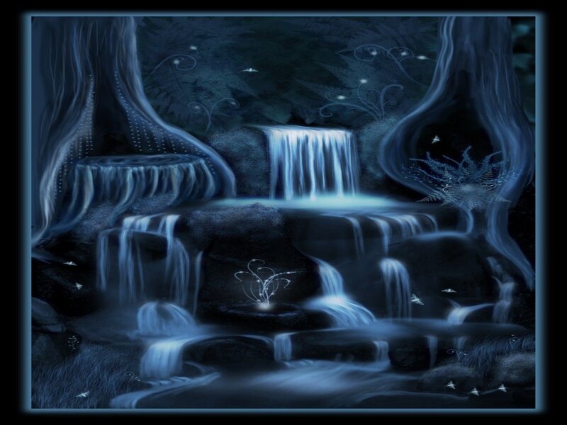 Waterfall in Forest — Blue, Serene, Night, Digital Art