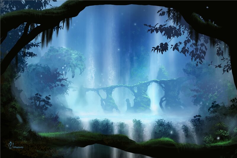 Waterfall in Forest — Blue, Serene, Night, Digital Art, Trees