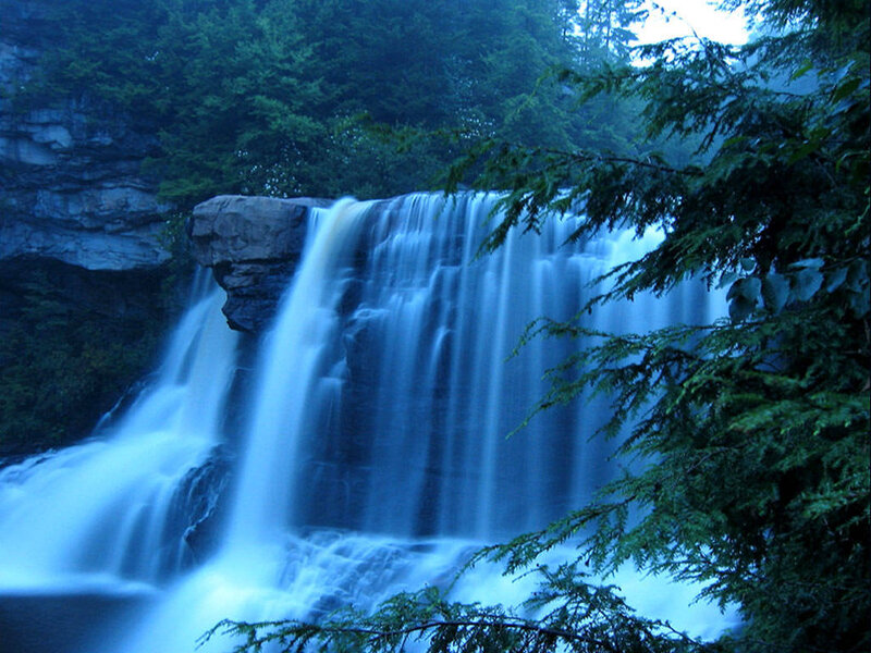 Waterfall in Forest — Blue, Serene, Night, Photograph