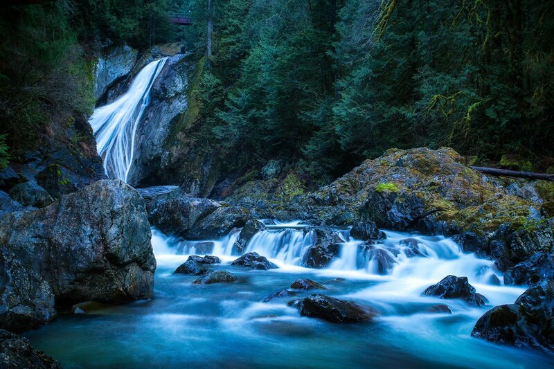Waterfall in Forest — Blue, Serene, Night, Photograph, Trees