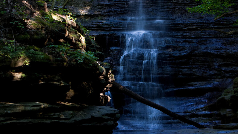 Waterfall in Forest — Blue, Serene, Photograph, Rock
