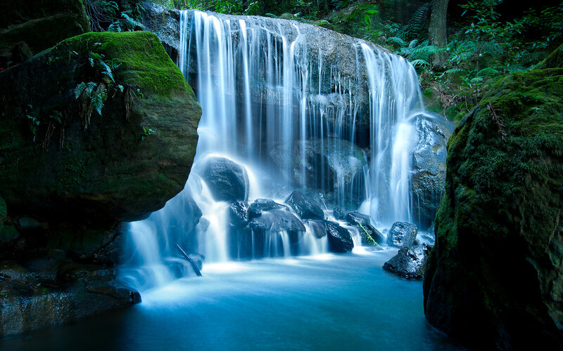 Waterfall in Forest — Blue, Serene, Photograph, Rocks, Moss