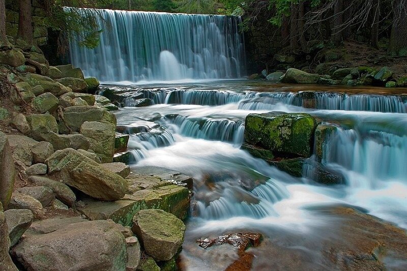 Waterfall in Forest — Blue, Serene, Photograph, Rocks