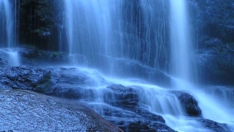 Waterfall in Forest — Blue, Serene, Photograph, Rocks, Trees, Mist