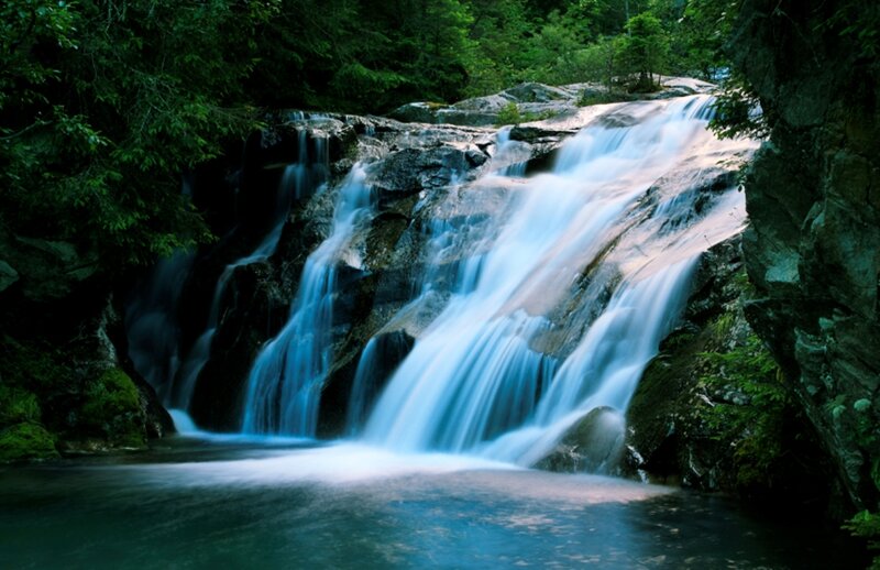 Waterfall in Forest — Blue, Serene, Photograph, Rocks, Trees, Stream