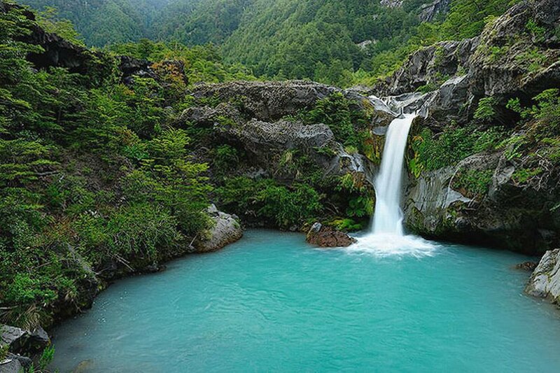 Waterfall in Forest — Blue, Serene, Photograph