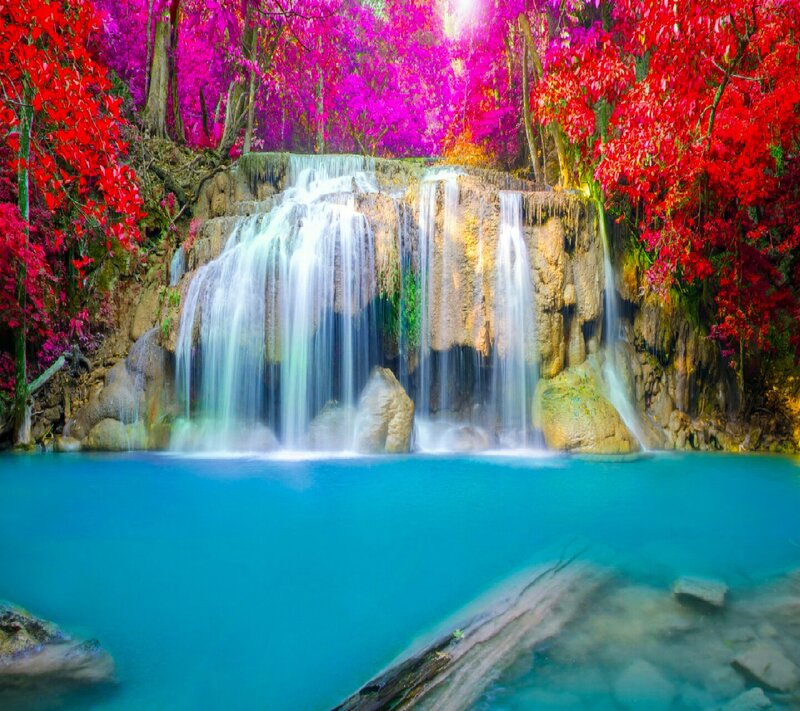 Waterfall in Forest — Blue, Serene, Photograph, Trees, Pool