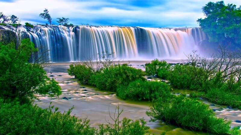 Waterfall in Forest — Blue, Serene, Photograph, Trees, River
