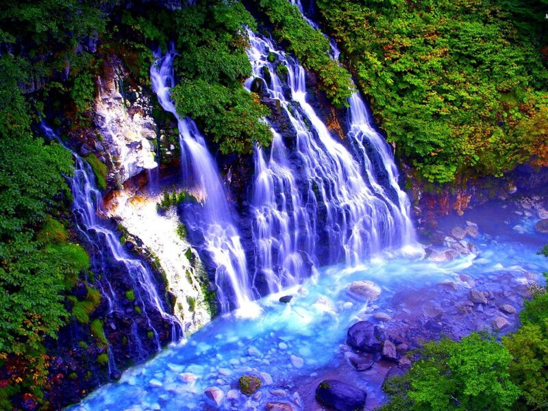 Waterfall in Forest — Blue, Serene, Photograph, Trees, Rocks, River