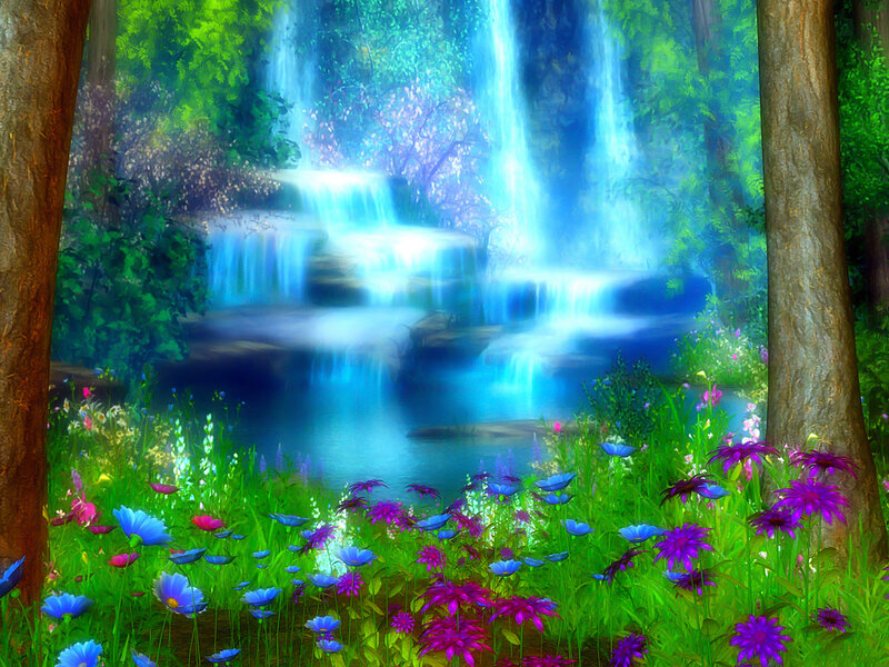 Waterfall in Forest — Blue, Serene, Spring, Digital Art