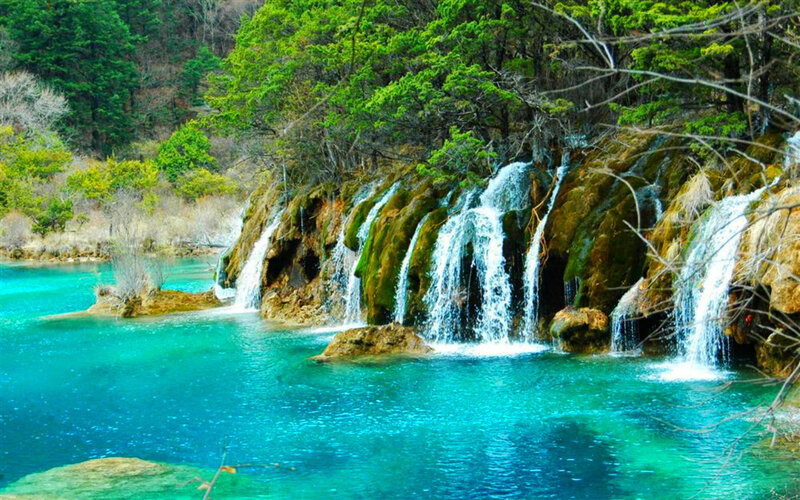 Waterfall in Forest — Blue, Serene, Spring, Photograph