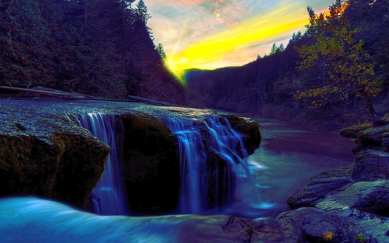 Waterfall in Forest — Blue, Serene, Sunrise