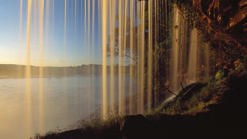 Waterfall in Forest — Blue, Serene, Sunset, Photograph, River